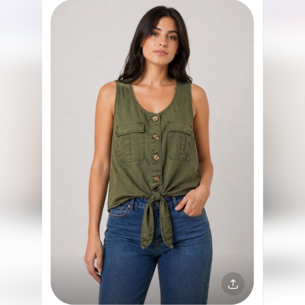 EXPRESS Sleeveless Crop Tie Shirt Army Green XS